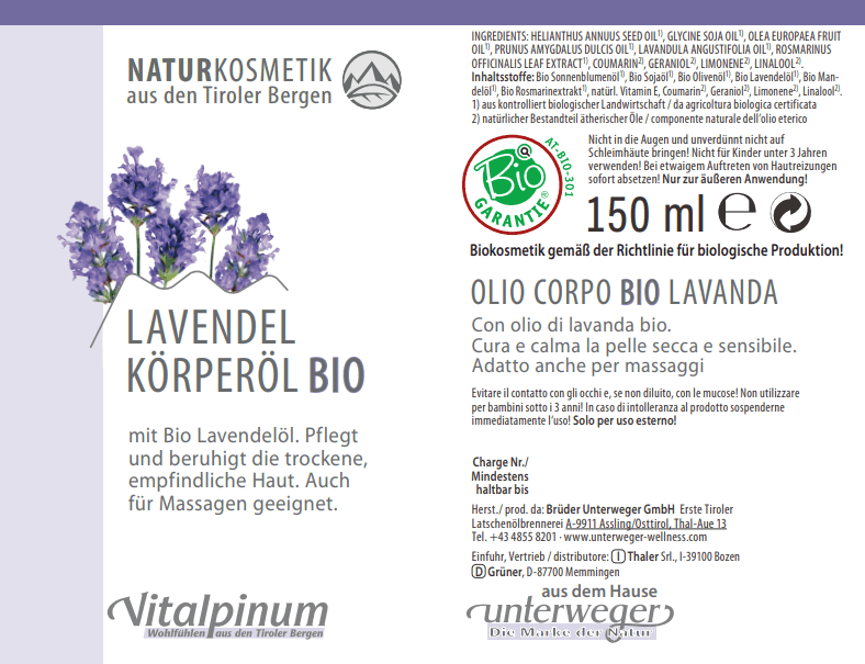 Bio Lavendel Körperöl Unterweger – zertifizierte Biokosmetik mit Bio Lavendelöl für empfindliche & trockene Haut