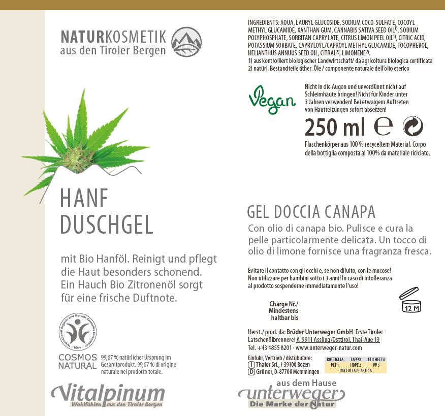 Unterweger Hanf Duschgel 250ml – Naturkosmetik mit Hanföl & Zitronenöl zur sanften Pflege empfindlicher Haut