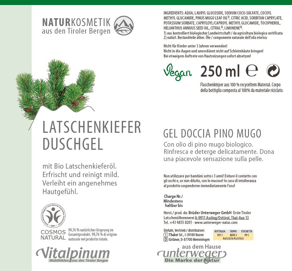 Latschenkiefer Duschgel Unterweger – Naturkosmetik mit ätherischem Nadelöl zur erfrischenden Körperpflege
