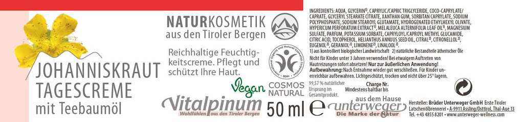 Unterweger Tagescreme 50ml – mit Teebaumöl & Bio-Johanniskraut für schützende & feuchtigkeitsspendende Naturkosmetik-Gesichtspflege