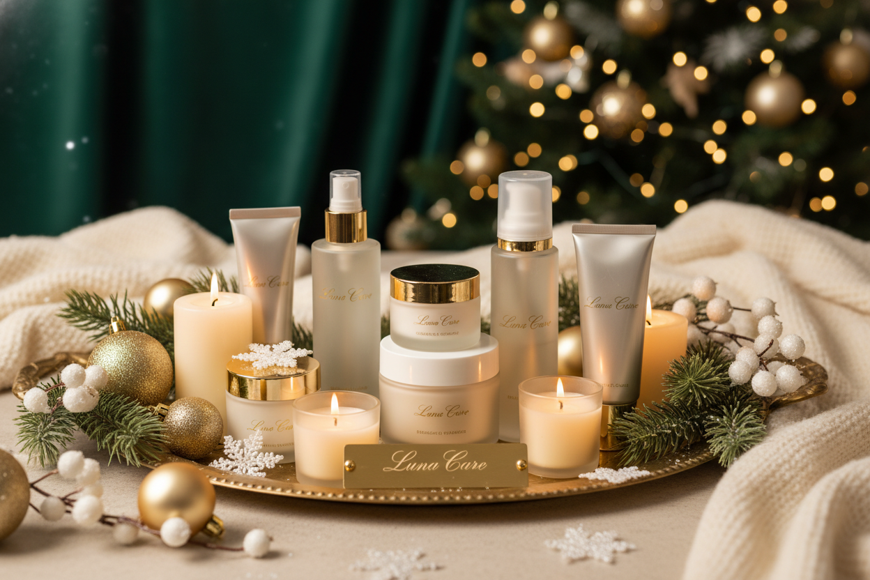 Une photo avec des produits de soins du visage, du corps, tendance de noël et le titre de ma boutique est Luna Care
